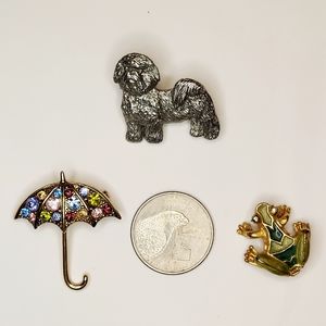 Lot of 3 Brooches: Vintage '80s Frog, Y2K  Umbrella & Y2K Pewter Harris Shih Tzu